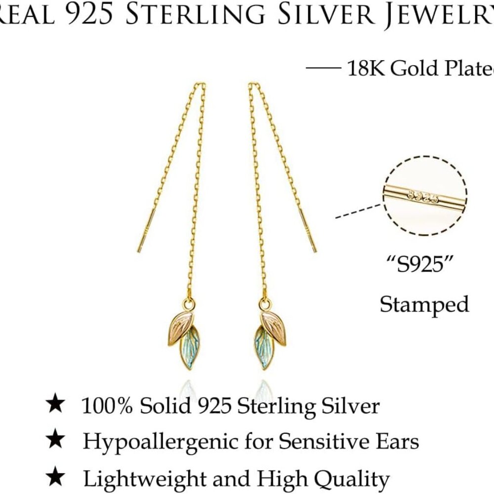 Solid 925 Sterling Silver Leaf Chain Dangle Earri… - image 6